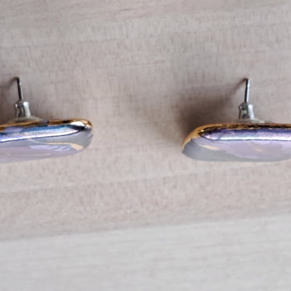 Hand Painted Ceramic Earrings MODERNIST Abstract Violet Dark Purple Gold - Picture 4 of 5